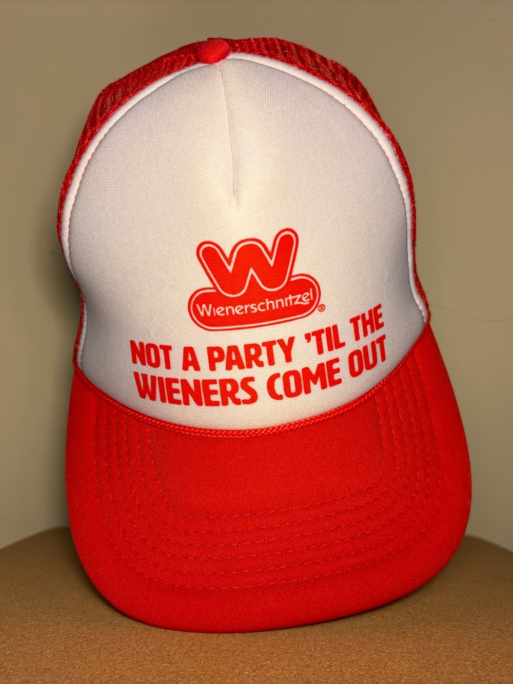 Wienersnitzel: Red & White Trucker Hat - 'Not a Party 'Til the Wieners Come Out'